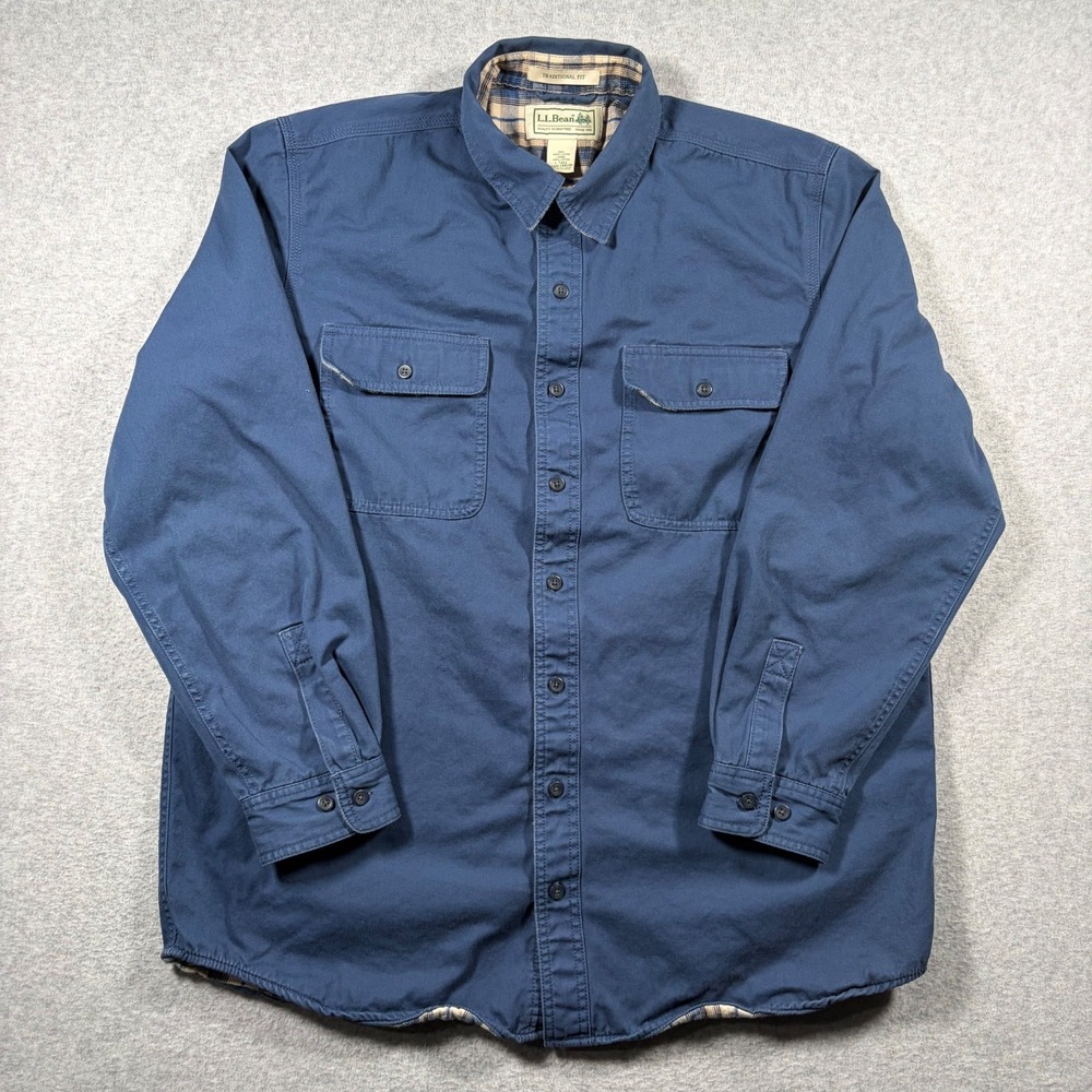 LL Bean Hurricane Shirt Jacket Mens LT Blue Cotton Traditional Fit Flannel Lined
